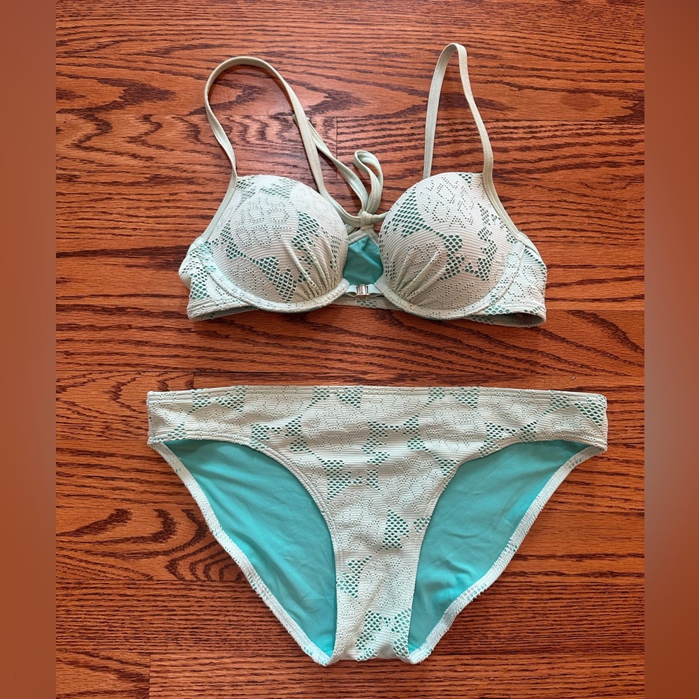 2 PIECE SET Aerie Sea Foam Green and Turquoise Pineapple Pattern Bikini